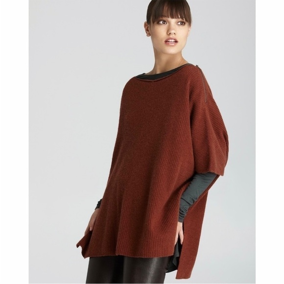 VINCE Rust Cashmere Wool Boatneck Zip Shoulder Rib Knit Loose Sweater Poncho XS - Picture 1 of 10